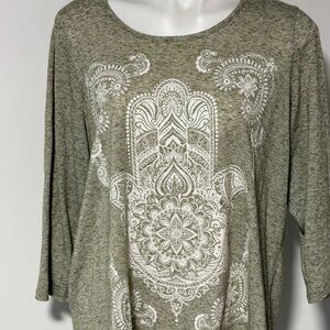 SUNDAY WOMENS TOP GREEN WITH WHITE HAMSA HAND PALM ZEN 1X